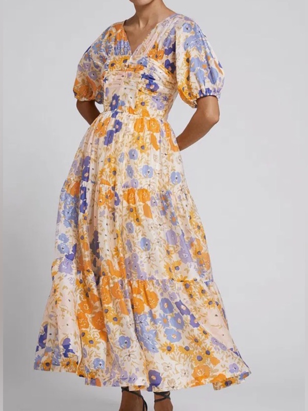 & OTHER STORIES YELLOW BLUE ORANGE FLORAL SHORT PUFF SLEEVE MAXI DRESS SZ 0